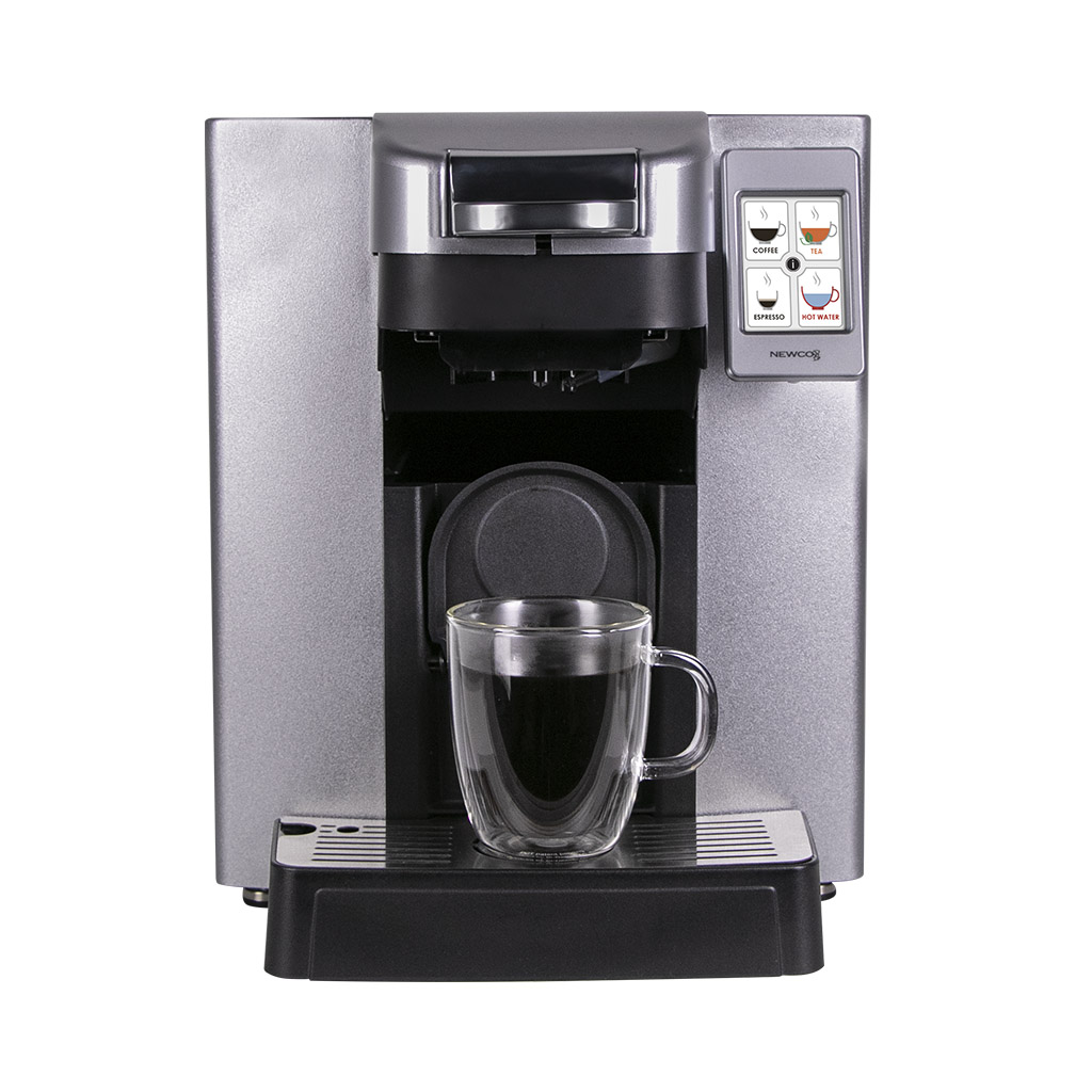 LittleJoe_Front-Coffee Little Joe small pod brewer front view with a cup of coffee on the drink tray