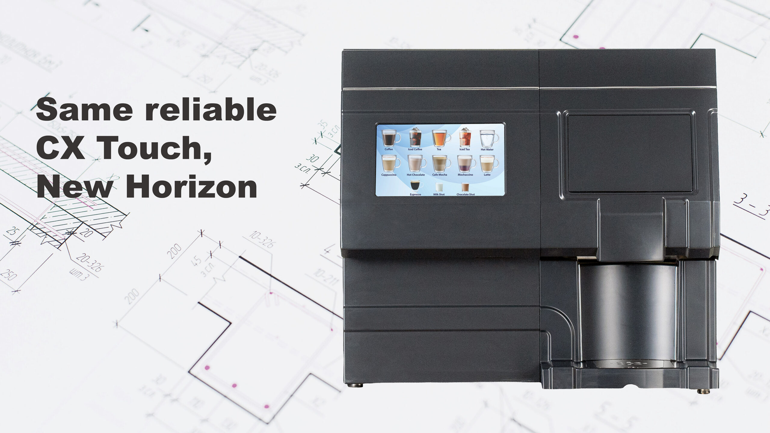 horizon banner A black soft pod brewer sits on a white architectural drawing. Text reads: Same reliable CX-Touch, New Horizon