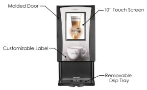 Bistro touch features, molded door, 10 inch touch screen, customizable label, removable drip tray
