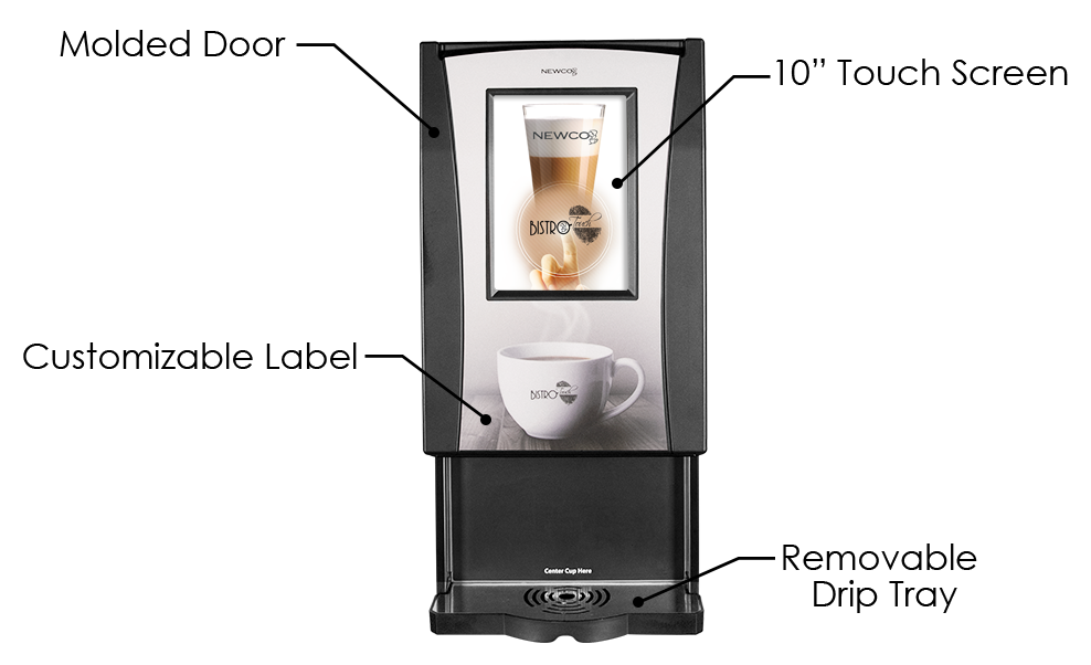 Bistro touch features, molded door, 10 inch touch screen, customizable label, removable drip tray