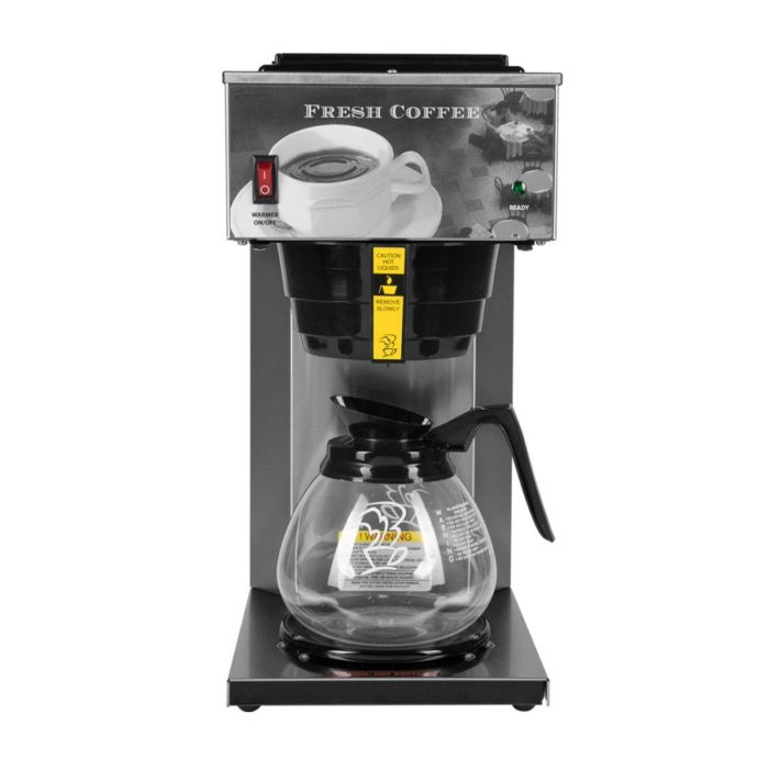 stainless steel cabinet, one burner, pour-over AK-1 brewer shown with a glass carafe