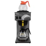 stainless steel cabinet, one lower burner, one upper burner, pour-over AK-2 brewer shown with glass carafes