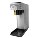 Angled view stainless steel cabinet, black plastic base, pour-over AK-LD brewer