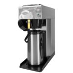 Angled view stainless steel cabinet, black plastic base, pour-over AK-LD brewer shown with stainless KK sight gauge airpot