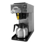 Angled view of stainless steel cabinet, black plastic base AK-TC Brewer with Short Vaculator carafe