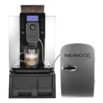 silver powder coated cabinet, black plastic waste bin, hopper, Cafe Espresso machine, shown with mini fridge