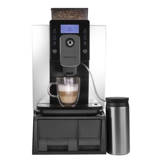 silver powder coated cabinet, black plastic waste bin, hopper, Cafe Espresso machine, shown with milk thermos