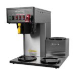 Angled view of stainless steel cabinet, black plastic face plate, hot water faucet, three burners FC-3 Brewer