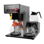 stainless steel cabinet, black plastic face plate, hot water faucet, three burners FC-3 Brewer shown with three glass carafes