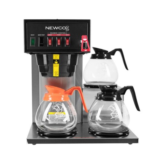 stainless steel cabinet, black plastic face plate, hot water faucet, three burners FC-3 Brewer, shown with glass carafes