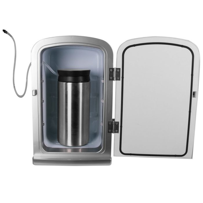 silver powder coated Cafe Espresso mini fridge shown with milk thermos