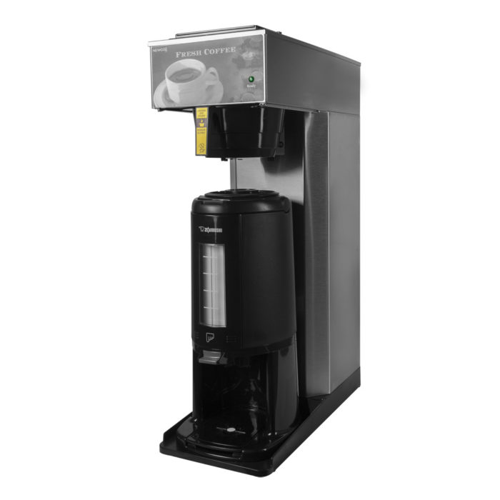 Angled view of stainless steel cabinet, black plastic base AK-TD brewer, shown with Zojirushi tall dispenser