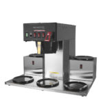 Angled view of stainless steel cabinet, black plastic face plate, five burners, hot water faucet FC-5 brewer