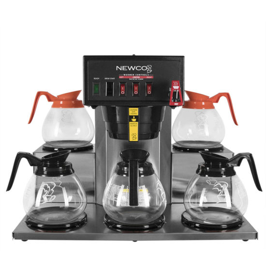 stainless steel cabinet, black plastic face plate, five burners, hot water faucet FC-5 brewer, shown with glass carafes