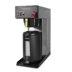 Angled view of stainless steel cabinet, black plastic base, hot water faucet FC-LD Brewer shown with Zojirushi Short Dispenser