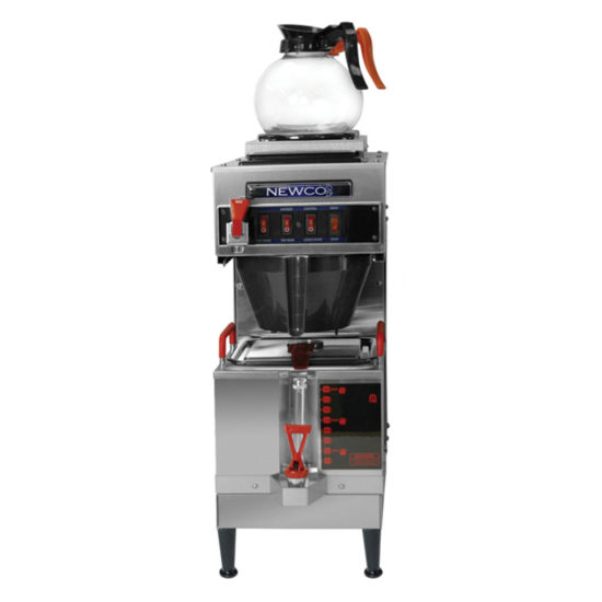 stainless steel cabinet, one lower burner, two upper burners, hot water faucet GXF3-15 brewer, shown with 1.5 gallon satellite server, two glass carafes