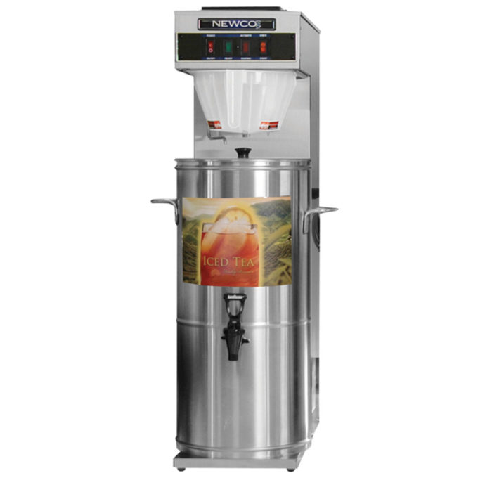 stainless steel cabinet, back up pour-in NKT5-NS1 Iced Tea Brewer, shown with 3 gallon round tall tea urn