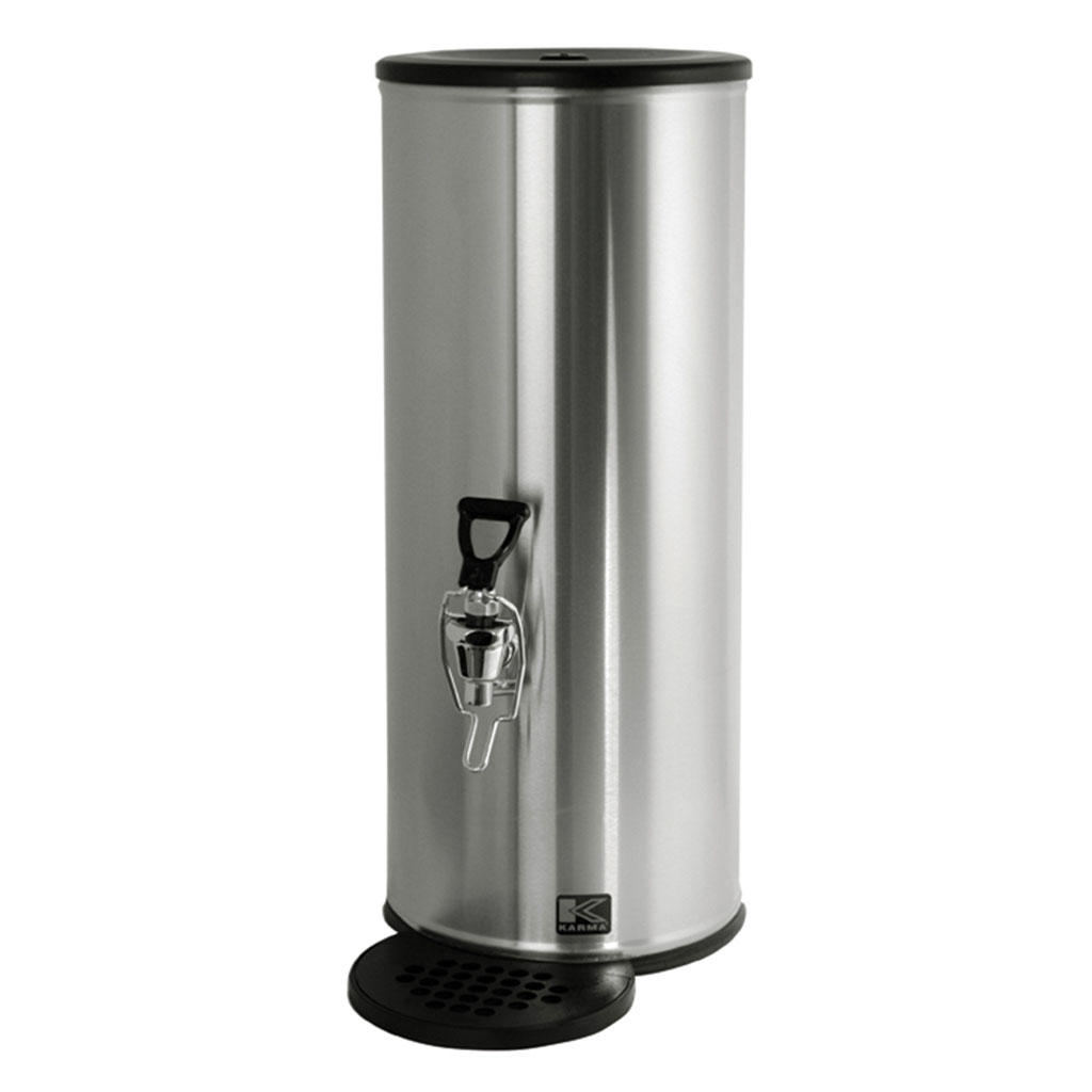 stainless steel round 875D dispenser with, black handled faucet, and black plastic drip tray