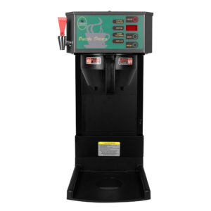 Front of black powder coated stainless steel cabinet B180-4 brewer with hot water faucet, black plastic base