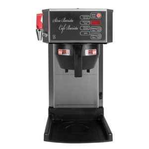 Stainless steel cabinet with black molded plastic vase and hot water faucet