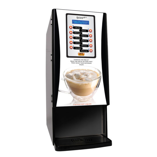 angled view of black cabinet Bistro 10-T3 single serve liquid coffee machine with membrane switch