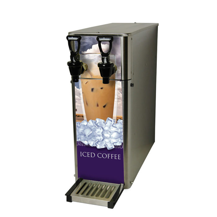 stainless steel cabinet front load post mix dispenser with iced coffee label, two tomlinson faucets, and drip tray