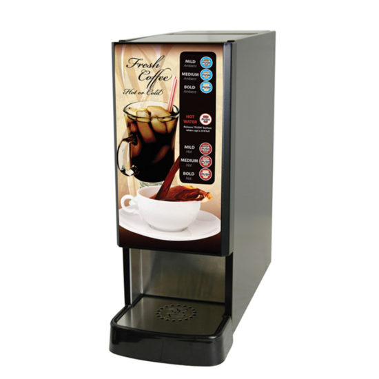 Angled view of black cabinet LCD-1 Hot/Ambient liquid coffee dispenser