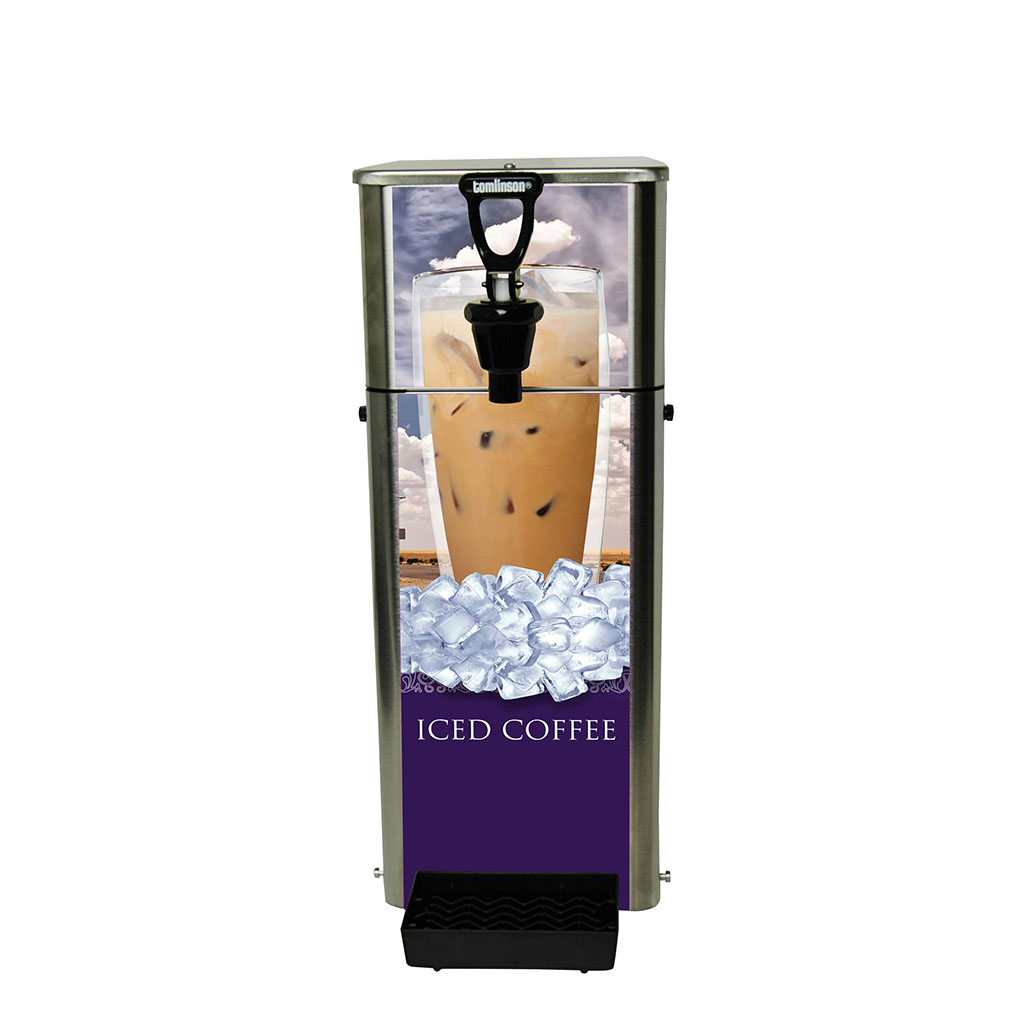 stainless steel cabinet Iced coffee front load single faucet dispenser with iced coffee label and drip tray