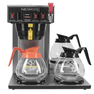 Front view of stainless steel cabinet three burner brewer with hot water faucet, shown with two regular glass carafes, and one decaf glass carafe