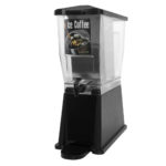 Angled 3 gallon clear plastic Ice Coffee Carlisle Kit with black plastic stand.
