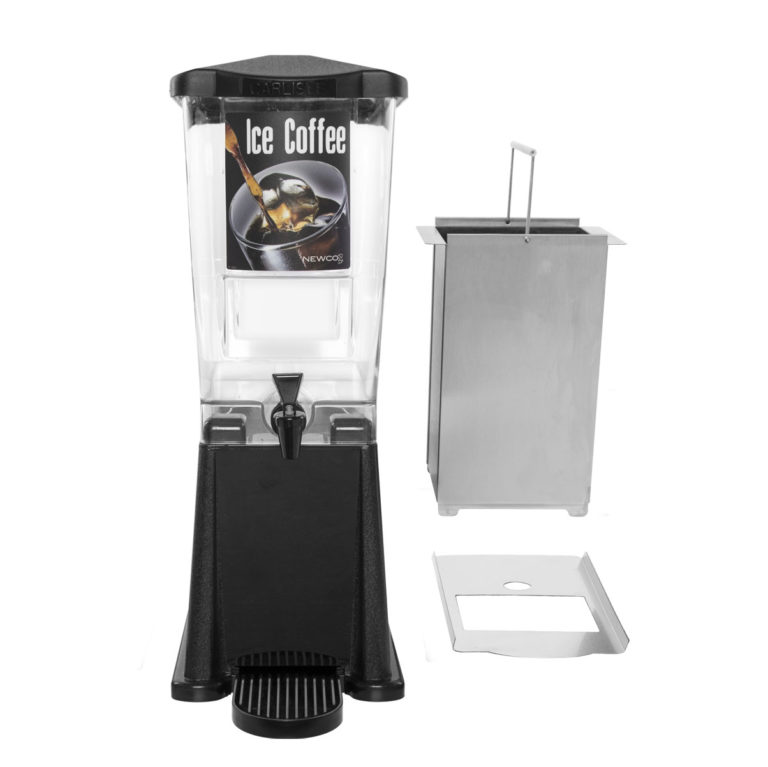 3 gallon clear plastic Ice Coffee Carlisle Kit with black plastic stand, ice bucket and drip tray.