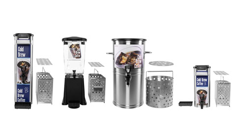 Cold brew coffee kits, Tall skinny dispenser, Carlisle dispenser and 3 gallon round dispenser, and Short skinny dispenser