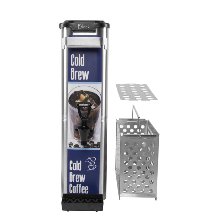 3.5 gallon stainless steel Cold Brew Coffee Skinny Tall Kit, soft pods/grounds bucket, drip tray, and lid.