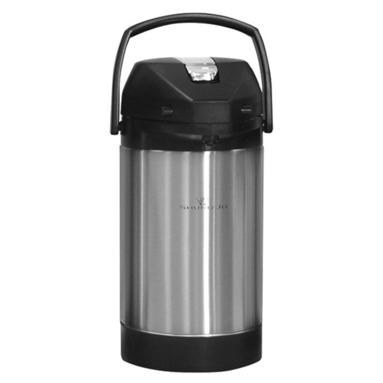 stainless steel lined vacuum insulated Shurizjo 2.5 LTR airpot with black plastic lid and handle