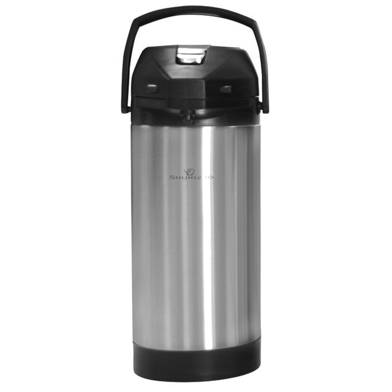 3.8 liter stainless steel lined vacuum insulated Shurizjo 3.8 LTR airpot with black plastic lid and handle