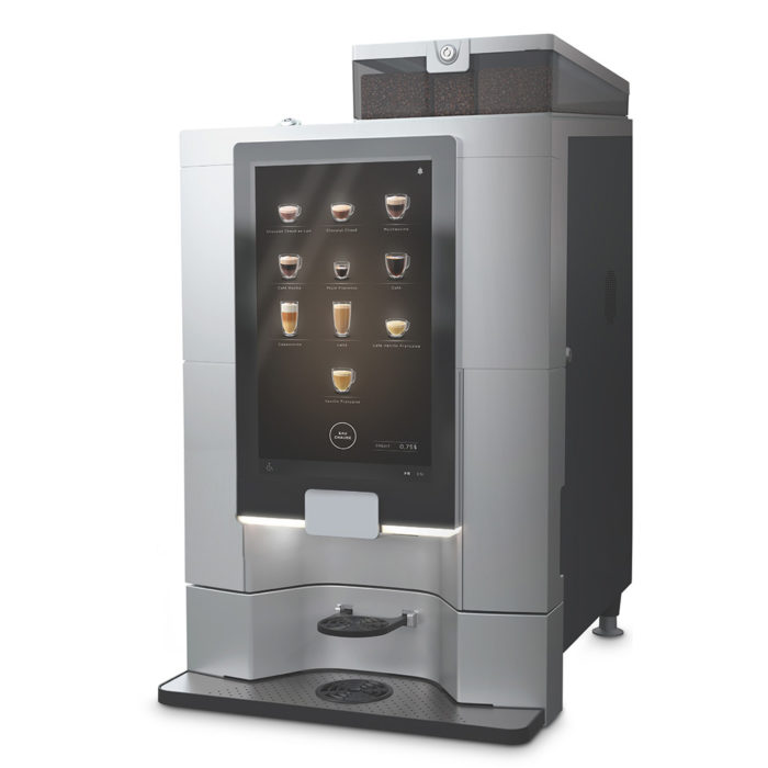 Angle view of the Eccellenza Momentum with the touch screen displaying the drink options.