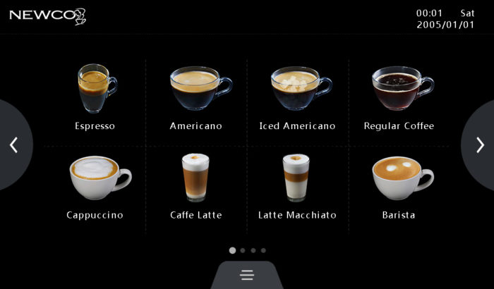 Café Espresso 2.0 touch screen display screen showing drink options.
