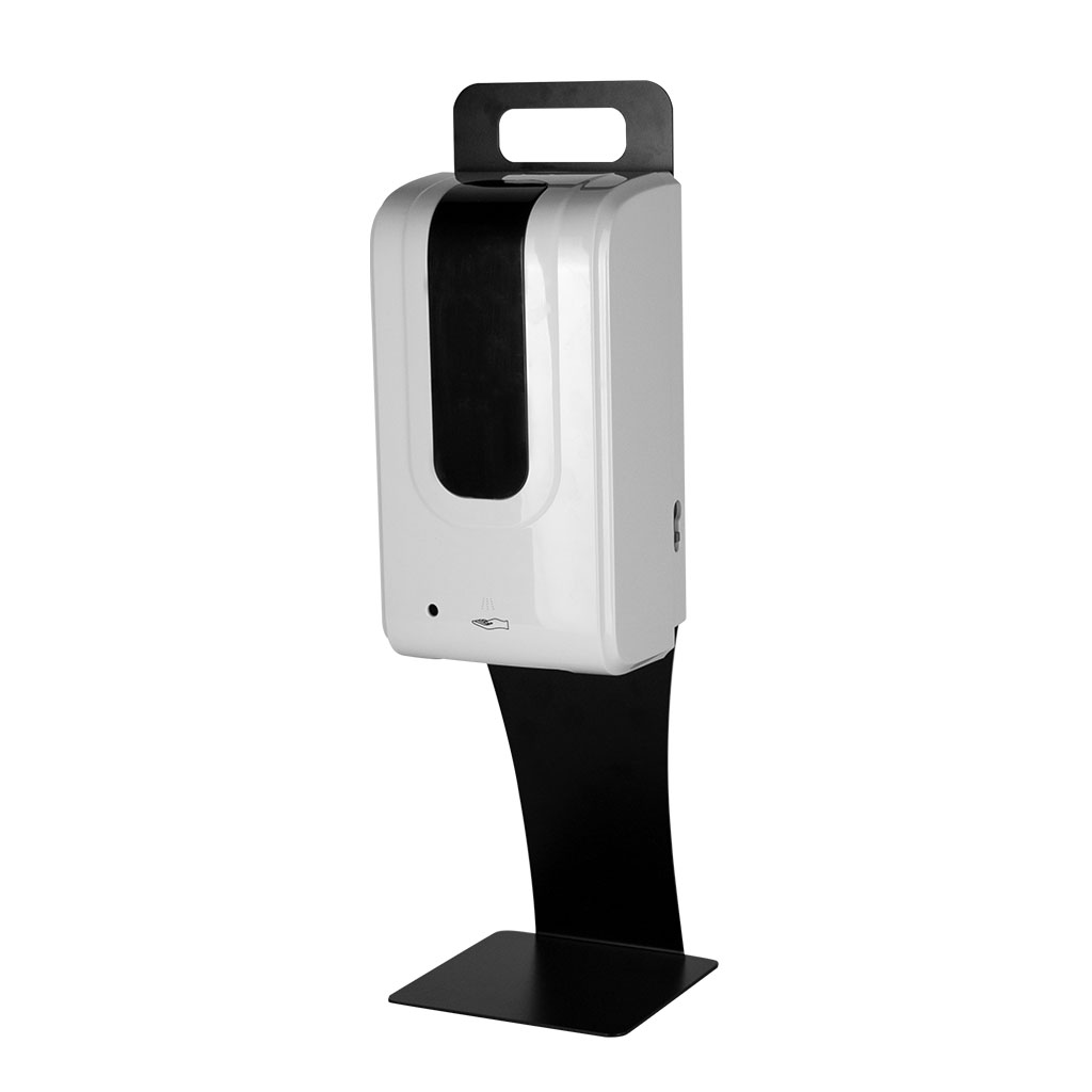 Black Countertop Hand Sanitizer Stand with white motion activated sanitation dispenser angled view