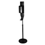Black Adjustable Hand Sanitizer Floor Stand with black motion activated sanitation dispenser angled view