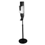 Black Adjustable Hand Sanitizer Floor Stand with white motion activated sanitation dispenser angled view