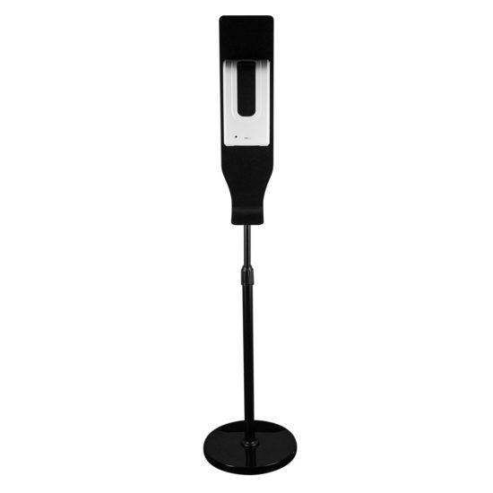 Black Adjustable Hand Sanitizer Floor Stand with white motion activated sanitation dispenser front view