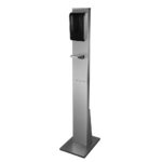 Stainless Steel Hand Sanitizer Stand with black motion activated sanitation dispenser angled view