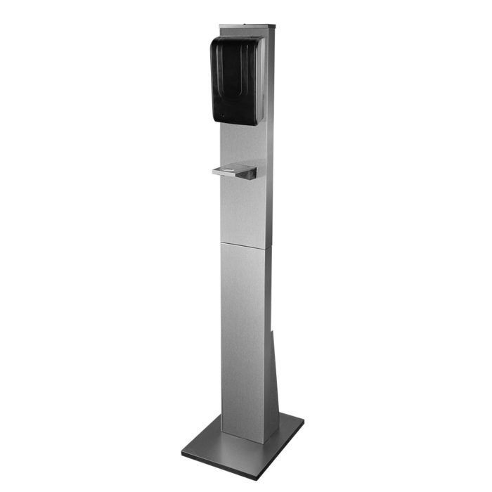 Stainless Steel Hand Sanitizer Stand with black motion activated sanitation dispenser angled view