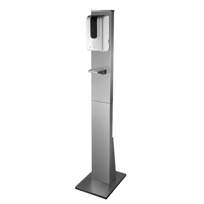 Stainless Steel Hand Sanitizer Stand with white motion activated sanitation dispenser angled view