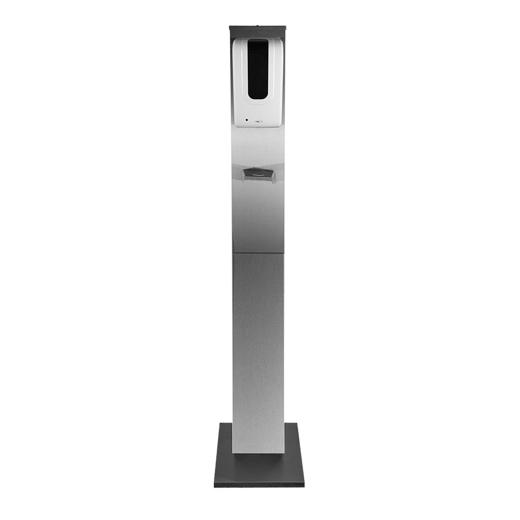 Stainless Steel Hand Sanitizer Stand with white motion activated sanitation dispenser front view