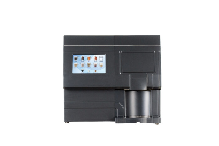 A black soft pod brewer, cut out and facing the camera squarely. The screen shows 13 drink options.