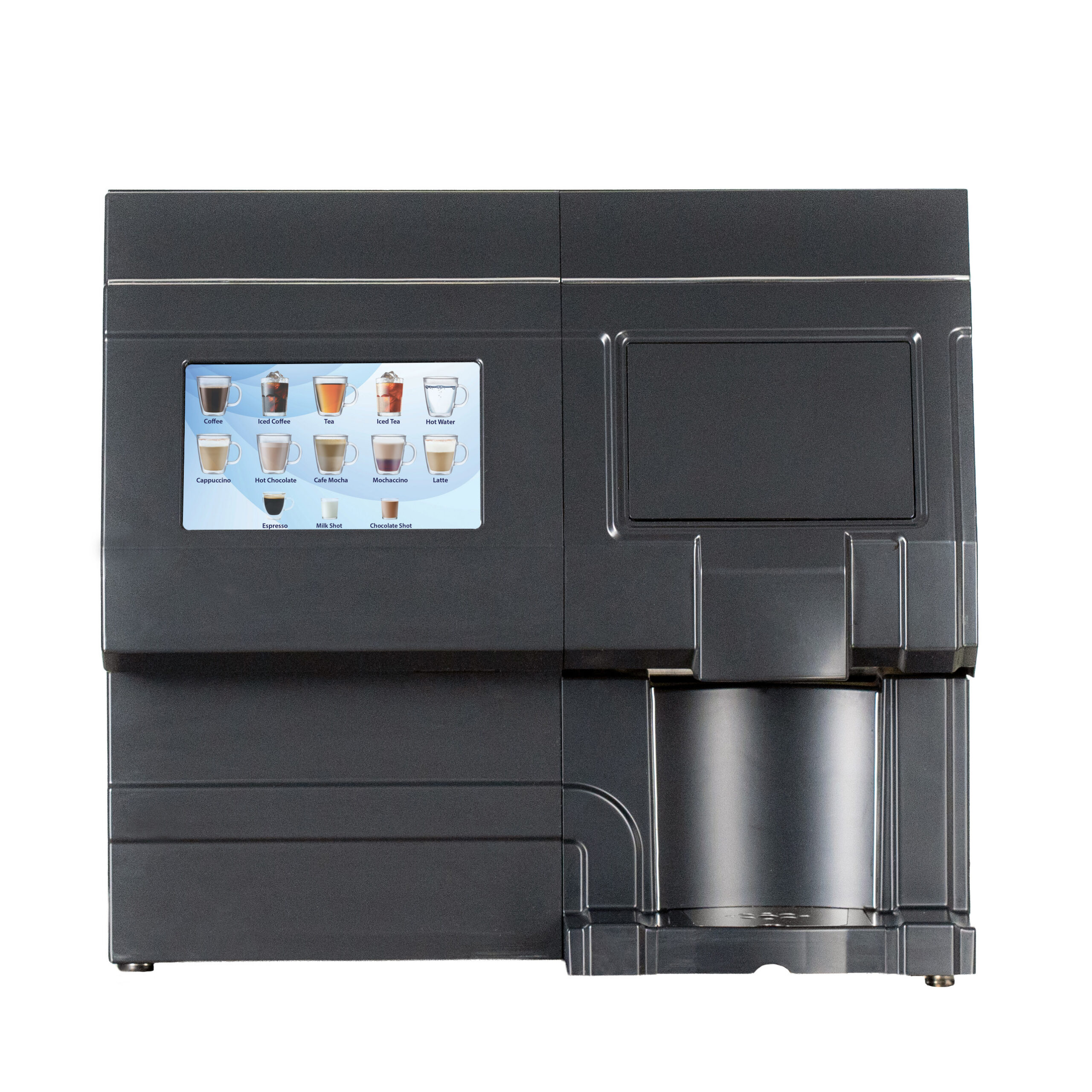 A CX Touch Horizon, which is a black plastic soft-pod brewer with a horizontal touch screen.
